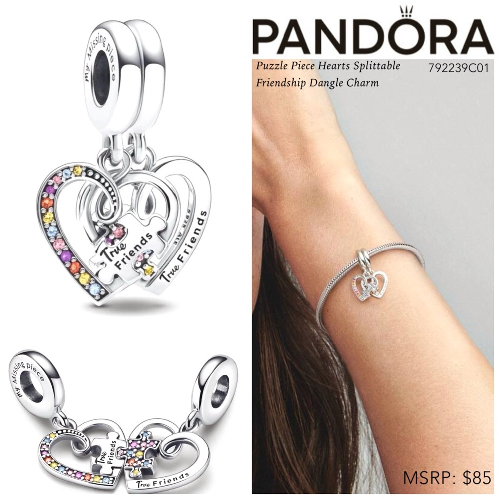 Pandora Puzzle Piece Hearts Splitable Friendship Dangle Charm w/box